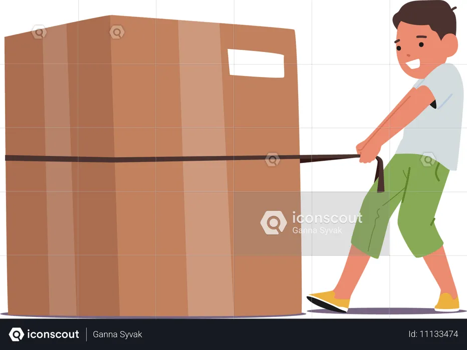 Boy pulling large cardboard box  Illustration