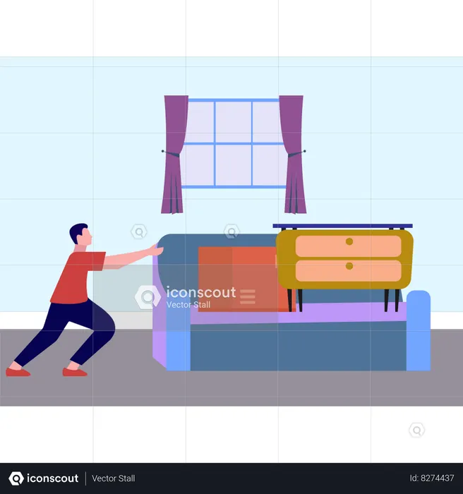 Boy Pushing Couch  Illustration