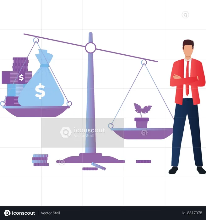 Boy put money and nature on scale of life  Illustration