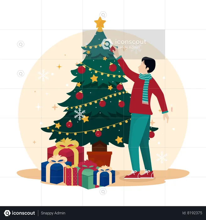 Boy putting Christmas tree decoration  Illustration