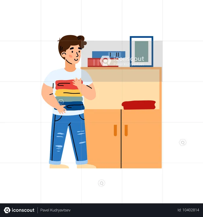 Boy putting clean clothes in dresser  Illustration