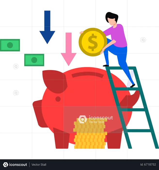 Boy putting dollars in piggy bank  Illustration
