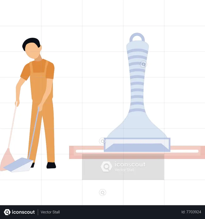 Boy putting garbage in dust pan  Illustration
