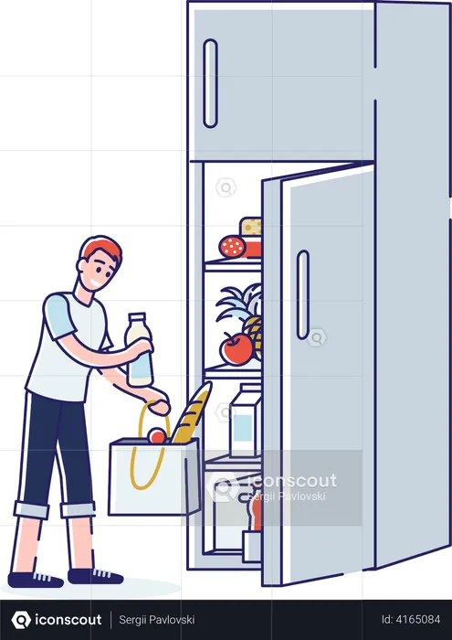 Boy putting goods in refrigerator  Illustration