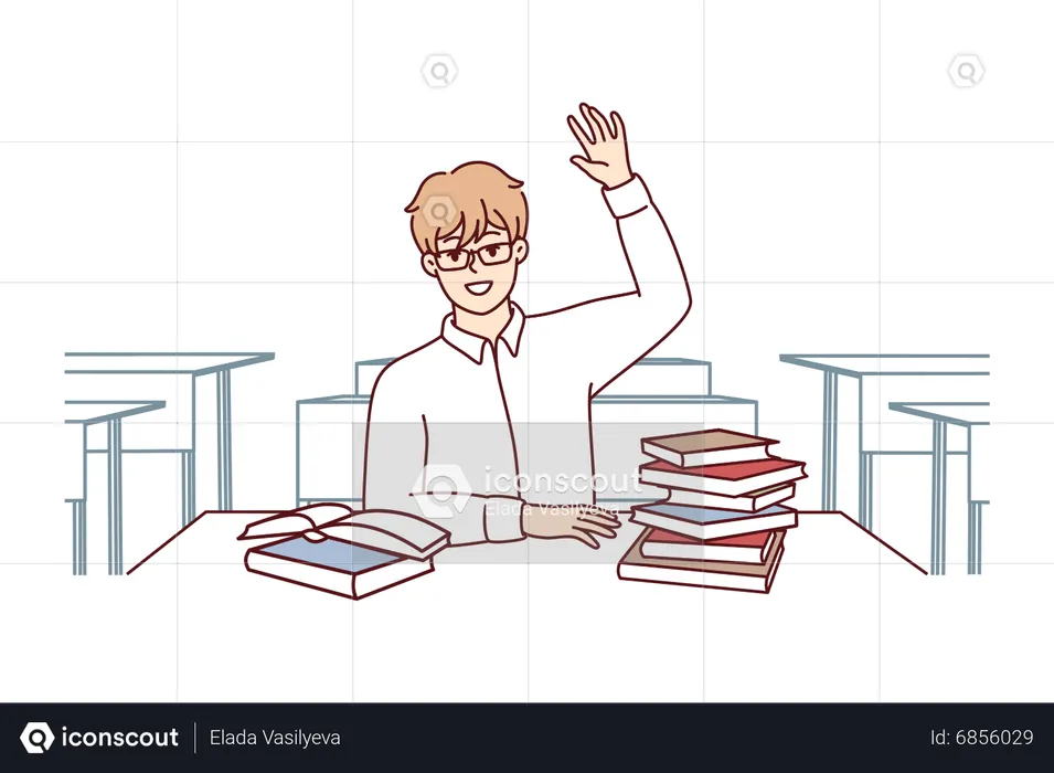 Boy raised his hand up in classroom  Illustration
