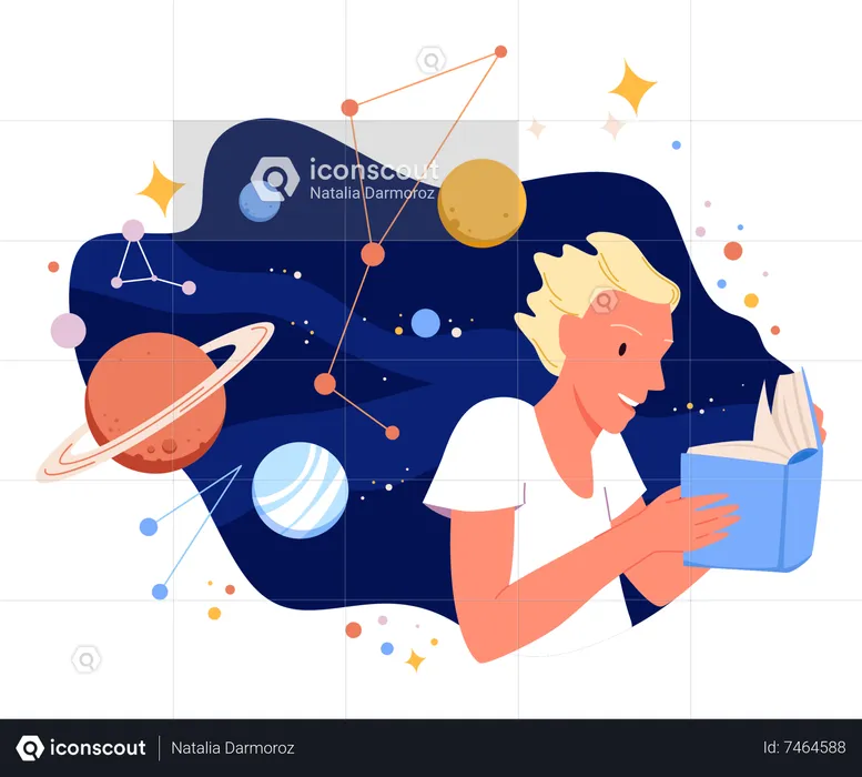 Boy reading about space system  Illustration