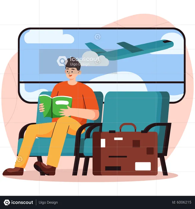 Boy Reading Book At Airport  Illustration