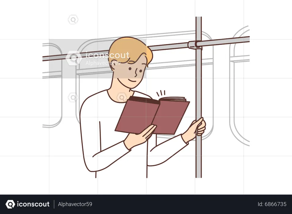 Boy reading book in train  Illustration