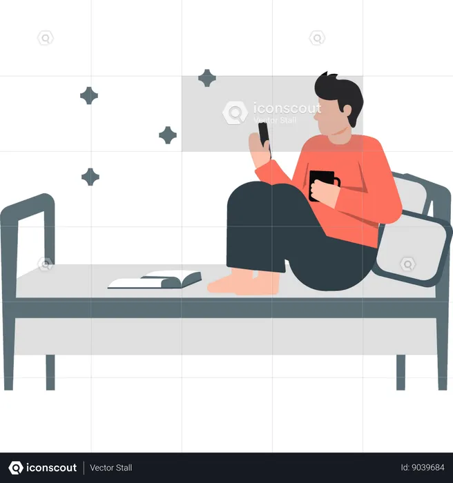 Boy reading book on his bed  Illustration