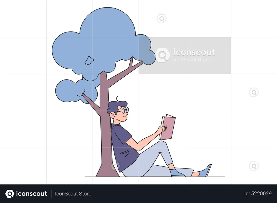 Boy Reading book sitting under tree  Illustration