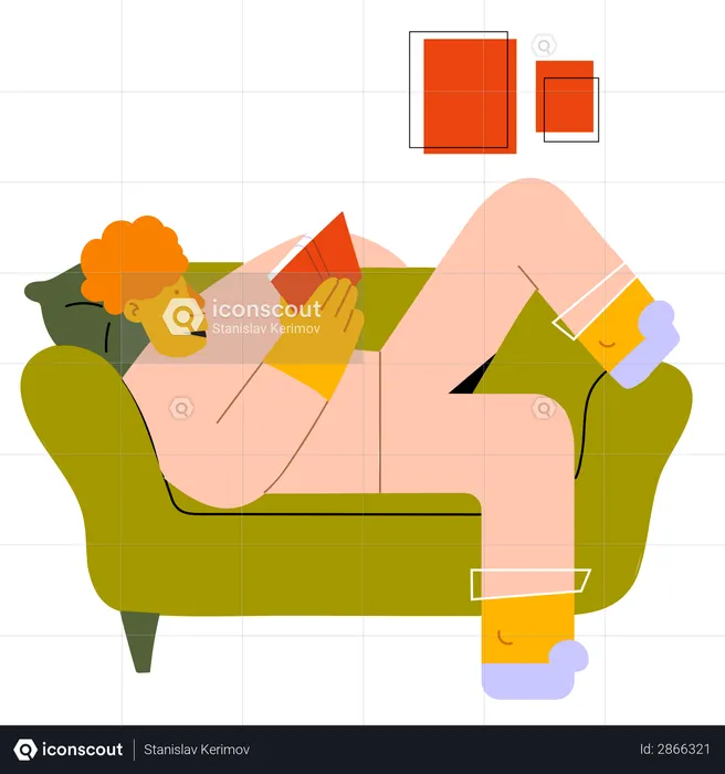 Boy reading book while relaxing on sofa  Illustration