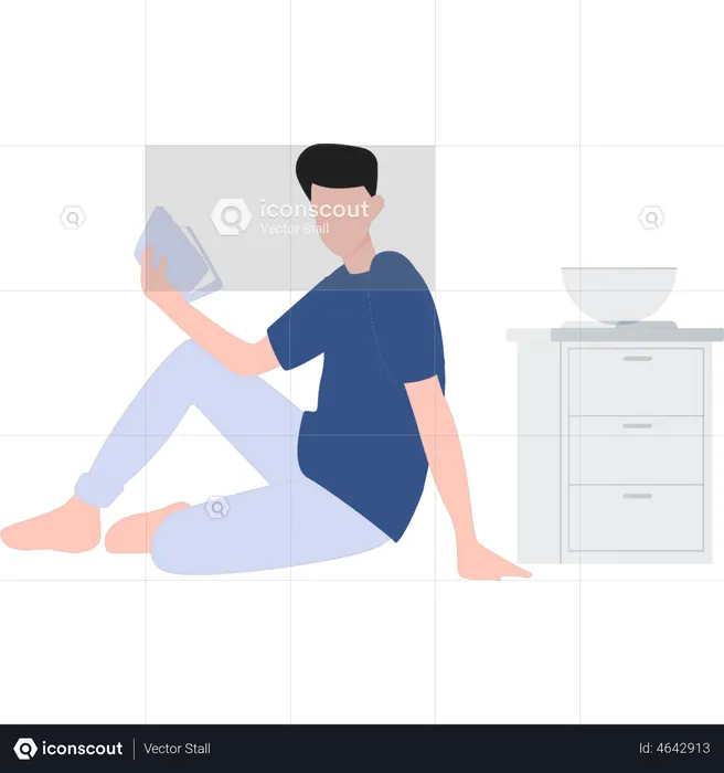 Boy reading book while sitting on floor  Illustration