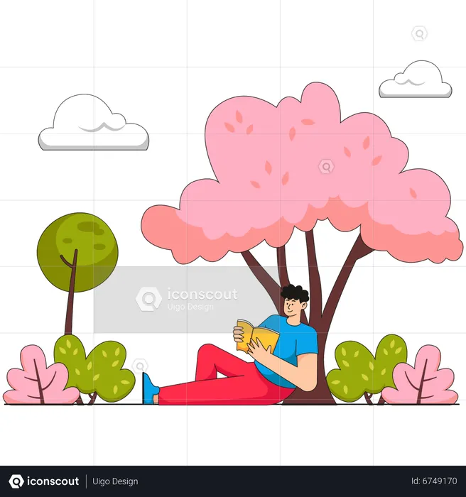 Boy reading book while sitting under tree  Illustration