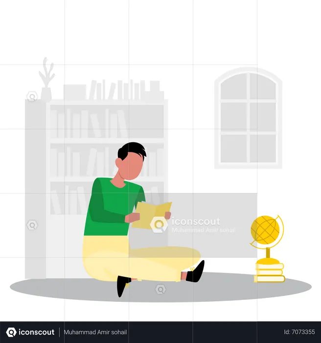 Boy reading novel in the house  Illustration