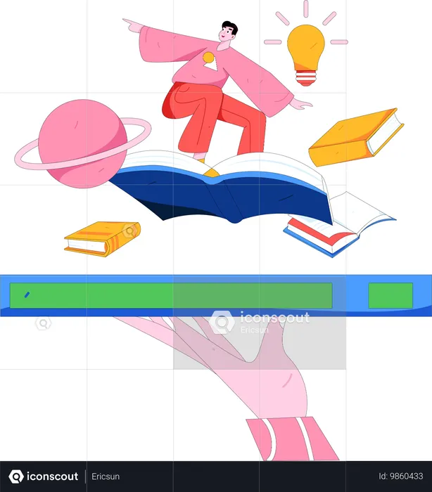 携帯電話を使ってオンライン読書をする少年  イラスト