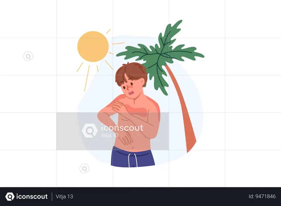 Boy received sunburn due to ultraviolet allergy or heliophobia standing on beach with palm tree  Illustration