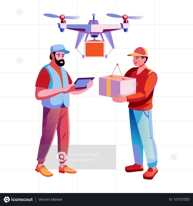 Boy receiving drone delivery  Illustration