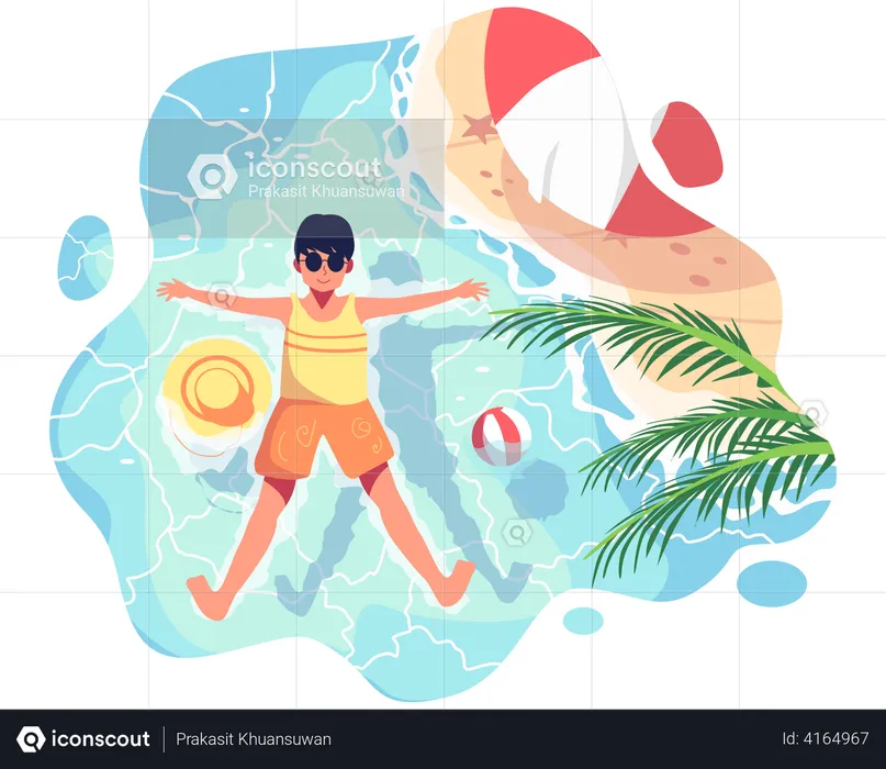 Boy relaxing while floating in sea water  Illustration