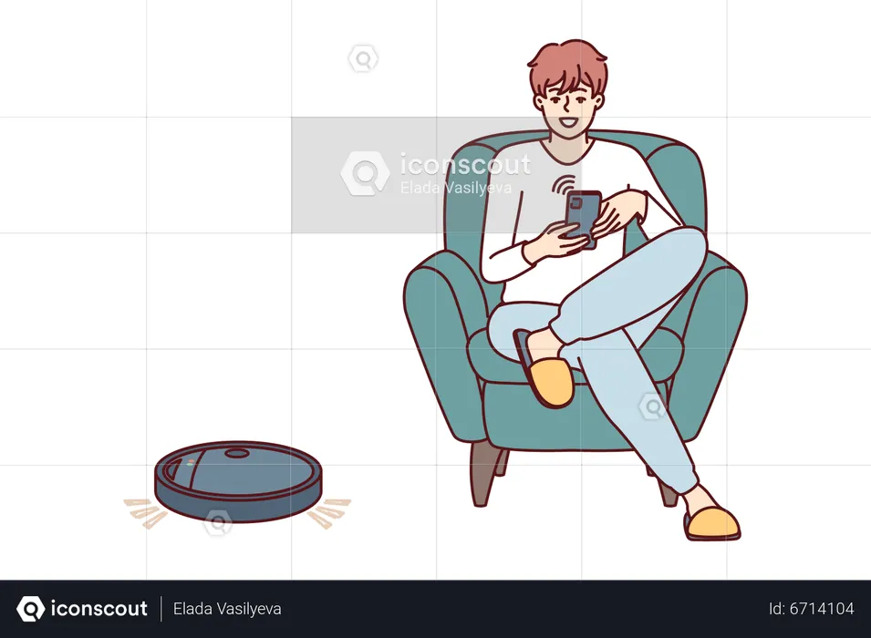 Boy relaxing while smart vacuum cleaner working  Illustration