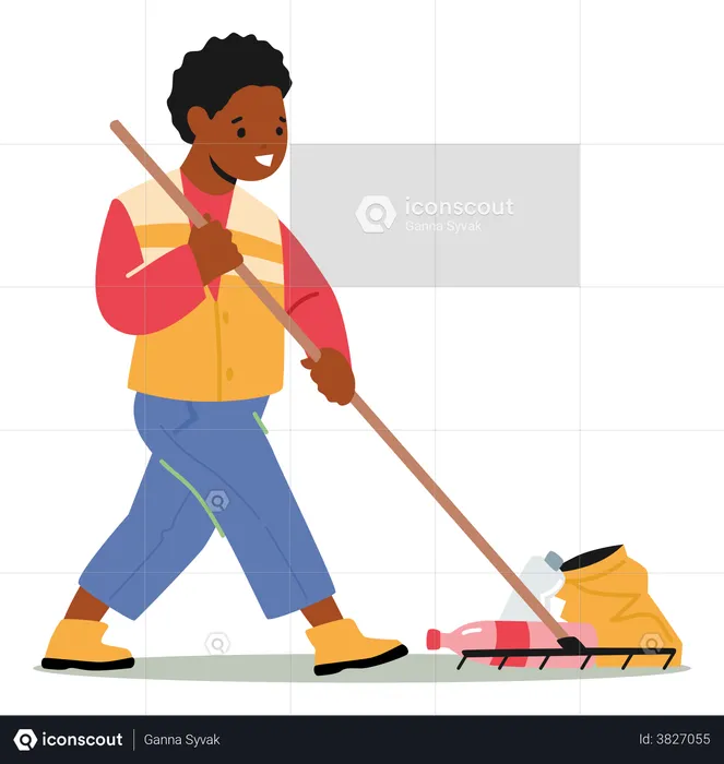 Boy Removing Trash From Ground  Illustration