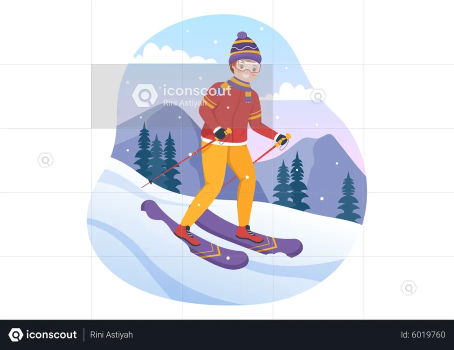 Boy ride ski down from mountain  Illustration