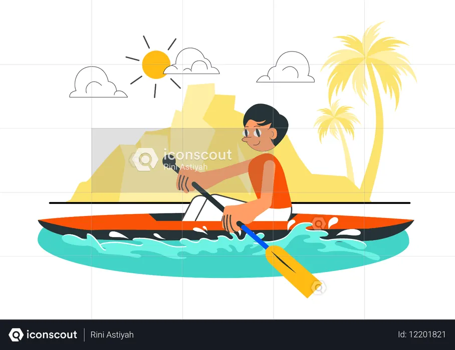 湖でカヌーに乗る少年  イラスト