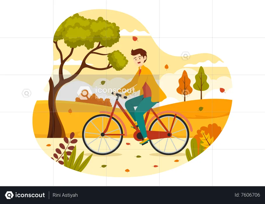 Boy riding cycle in Autumn park  Illustration