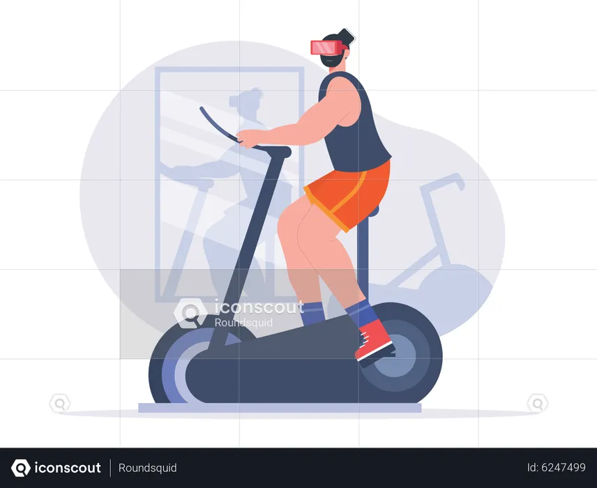 Boy riding exercise bike while wearing VR goggles  Illustration