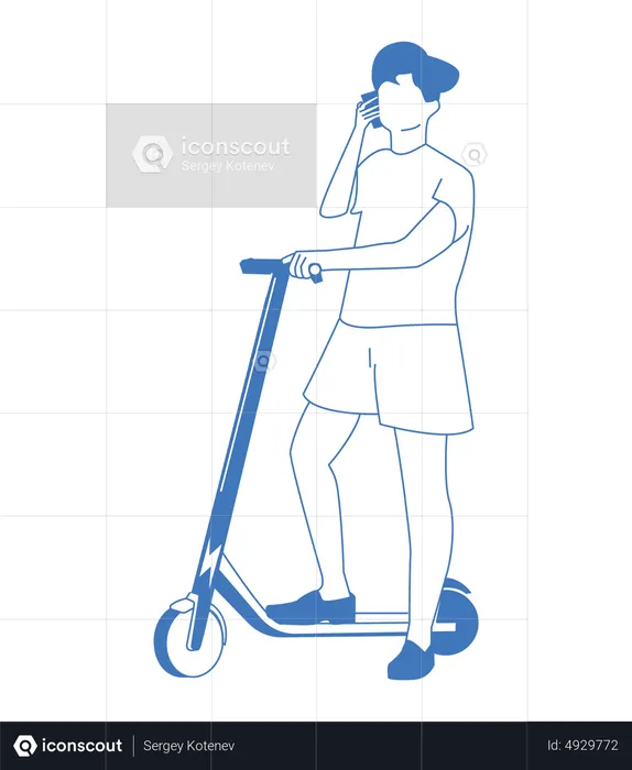 Boy riding kick scooter while talking on phone  Illustration