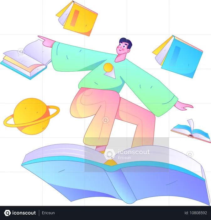 Boy riding on book  Illustration