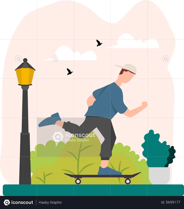 Boy riding skateboard in park  Illustration