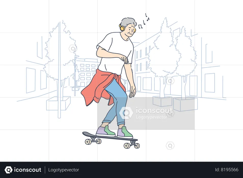 Boy riding skateboard listening music and performing tricks  Illustration