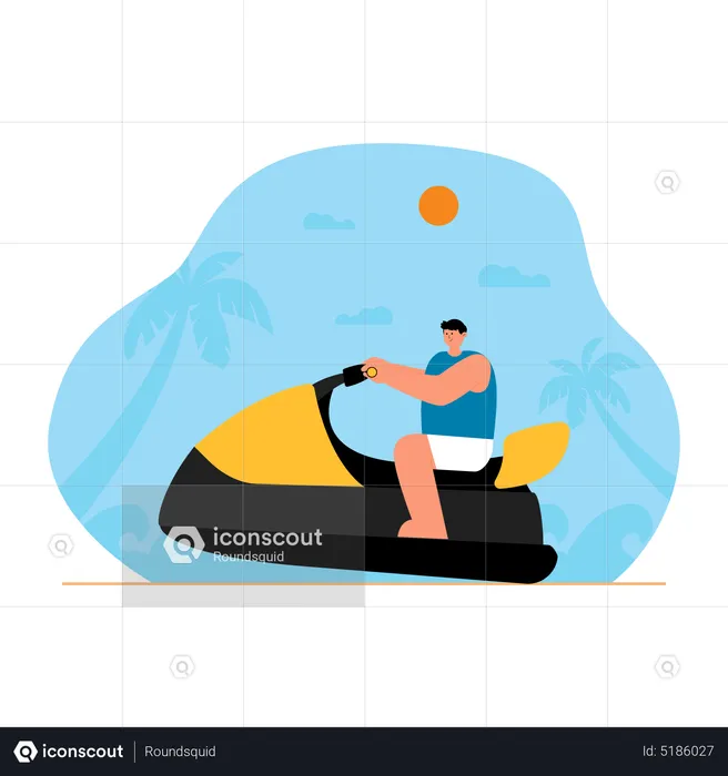 Boy riding speedboat at beach  Illustration