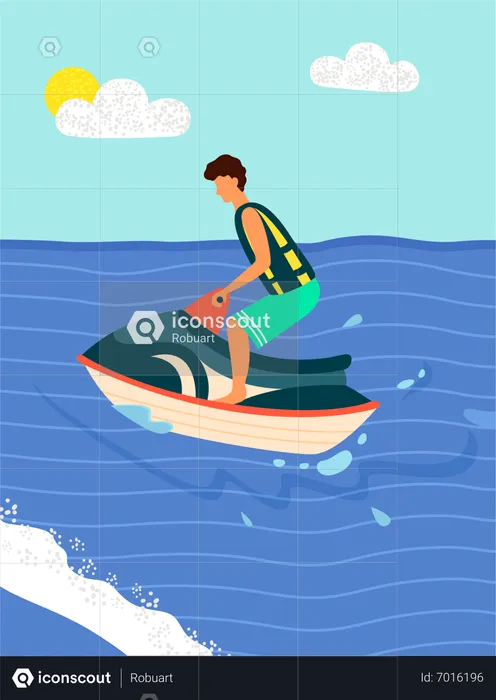 Boy riding speedboat at beach  Illustration