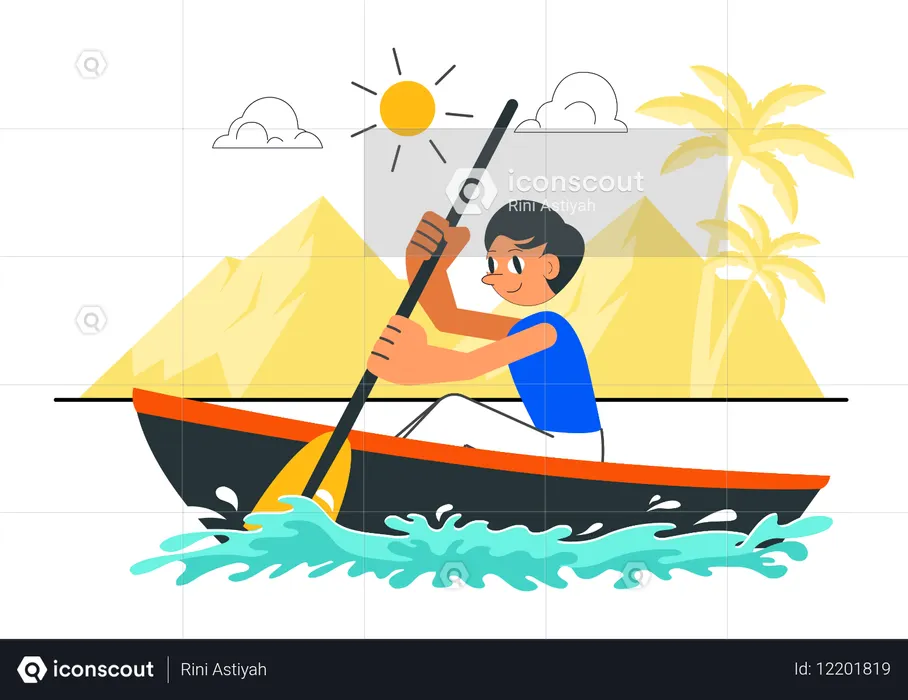 湖でボートを漕ぐ少年  イラスト