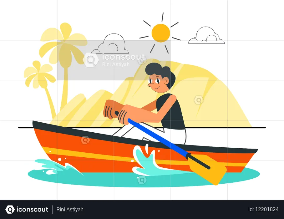 湖でボートを漕ぐ少年  イラスト