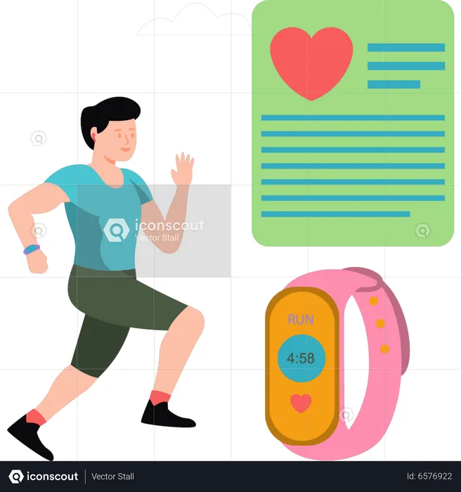 Boy running for exercise with health watch  Illustration