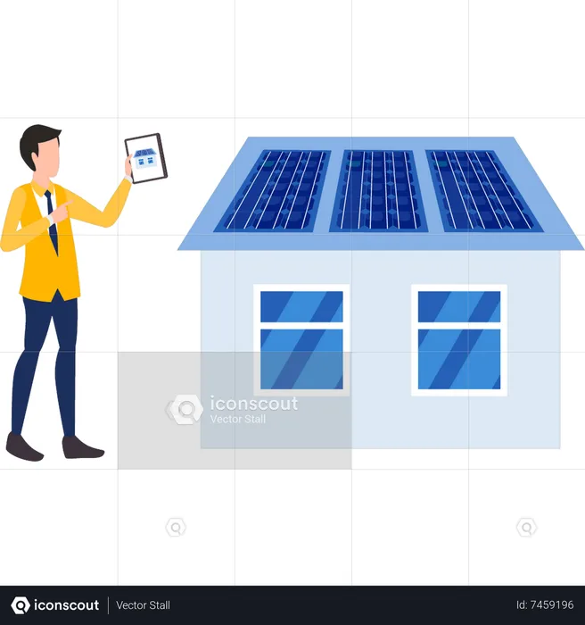 Boy running house on solar panel  Illustration