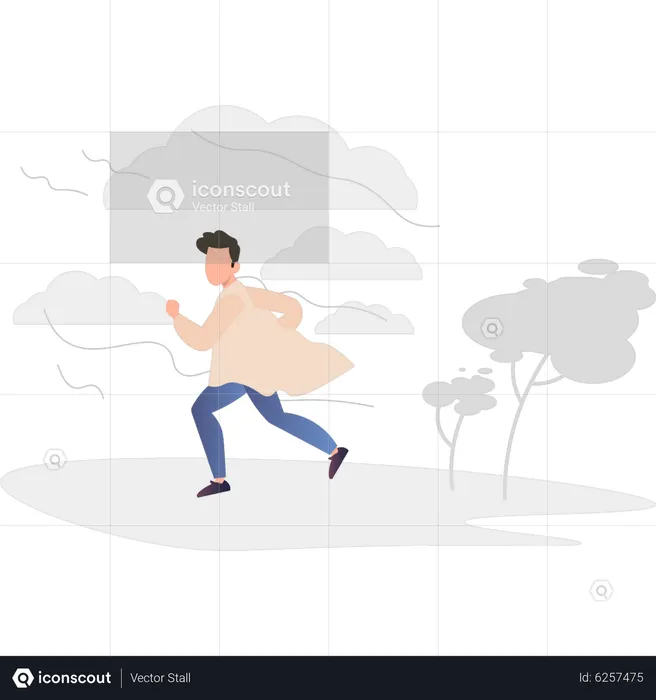 Boy running in windy weather  Illustration