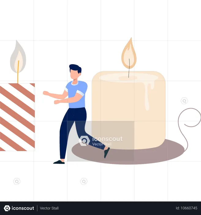 Boy running towards burning candle  Illustration