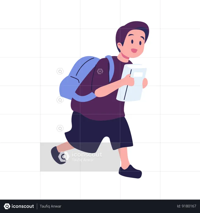 Boy Running With Carrying Bags And Book  Illustration