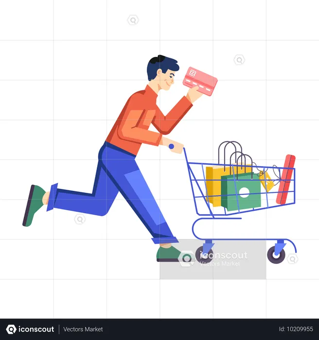 Boy running with shopping cart  Illustration