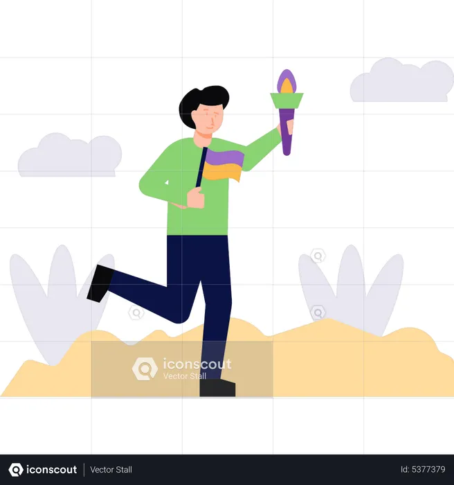 Boy running with sports flag and fire torch  Illustration