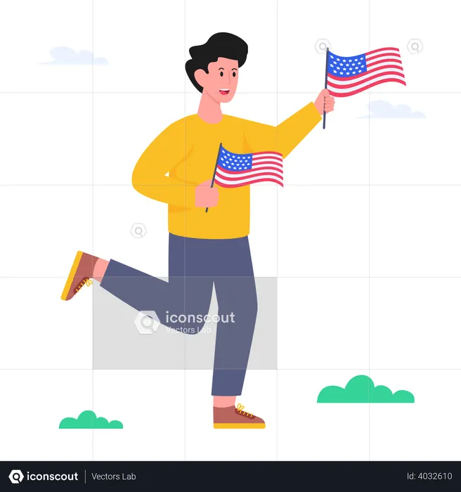Boy running with usa flag  Illustration