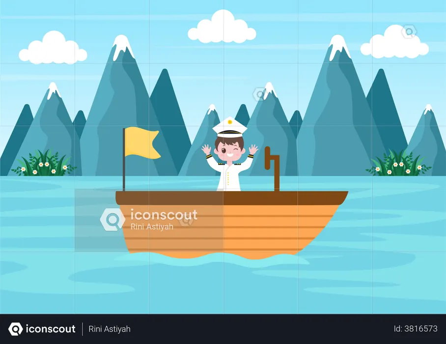 Boy sailing boat in lake  Illustration