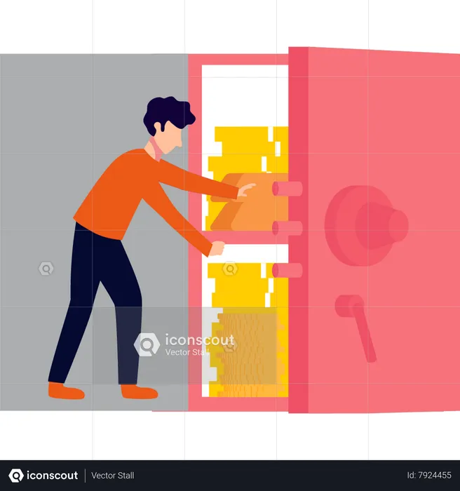 Boy saving money in locker  Illustration