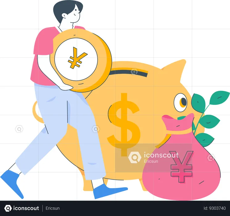 Boy saving money in piggy bank  Illustration