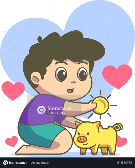 Boy saving money in piggy bank  Illustration