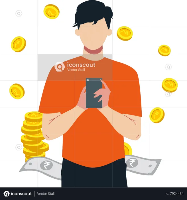 Boy saving money on mobile  Illustration