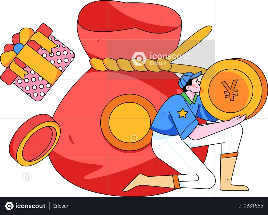 お金袋に円を貯める少年  イラスト